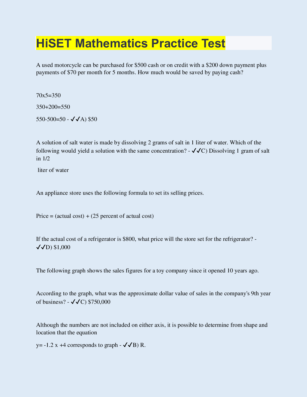 Preview image of HiSET Mathematics Practice Test | with 100% Correct Answers | Updated & Verified document